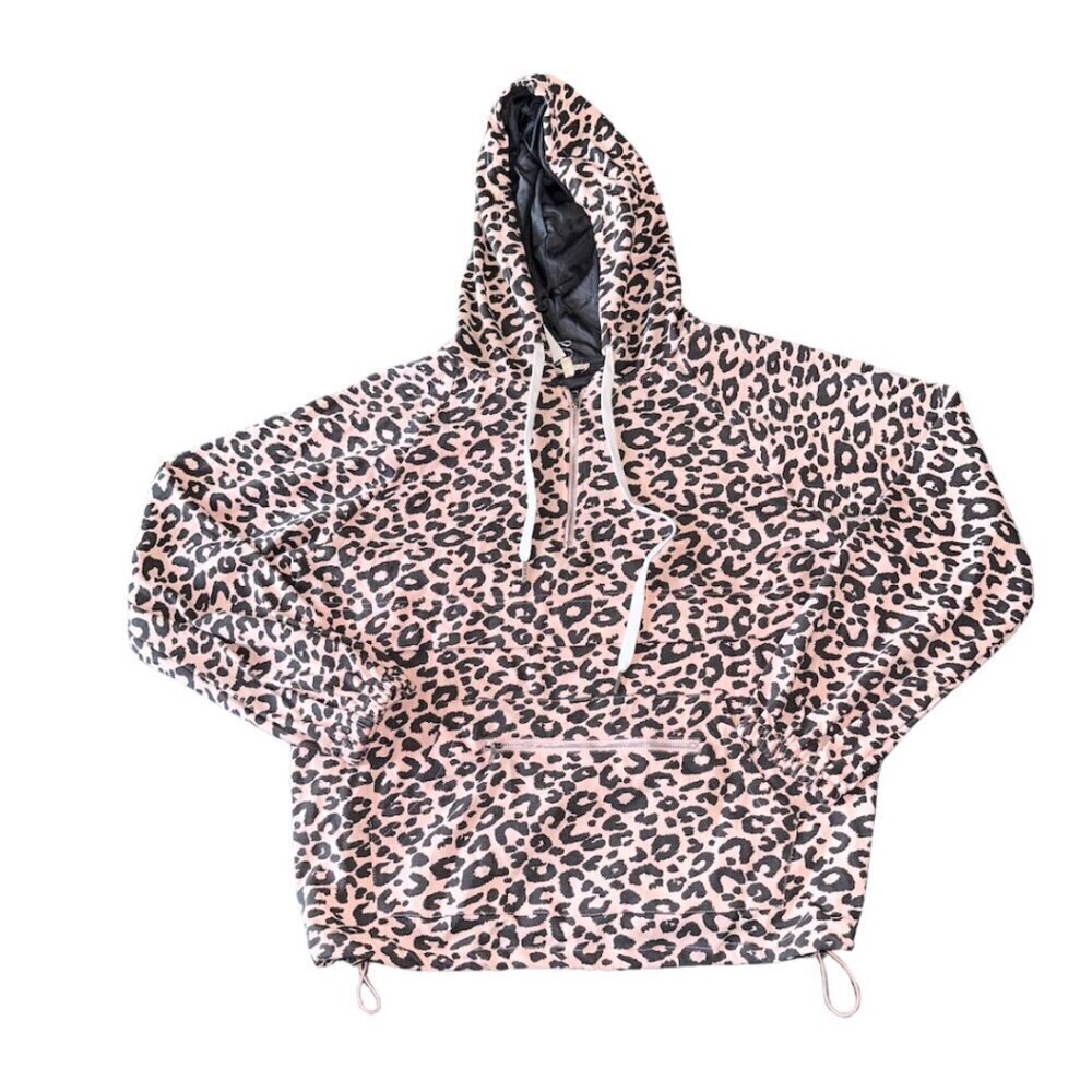Pink Oversized Leopard Print Half Zip Hoodie